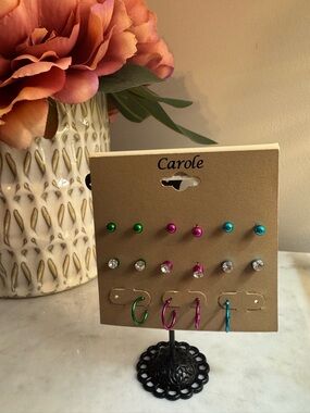 Carolee Multi-Color Stud and Hoop Earring Set - Green, Pink, Blue